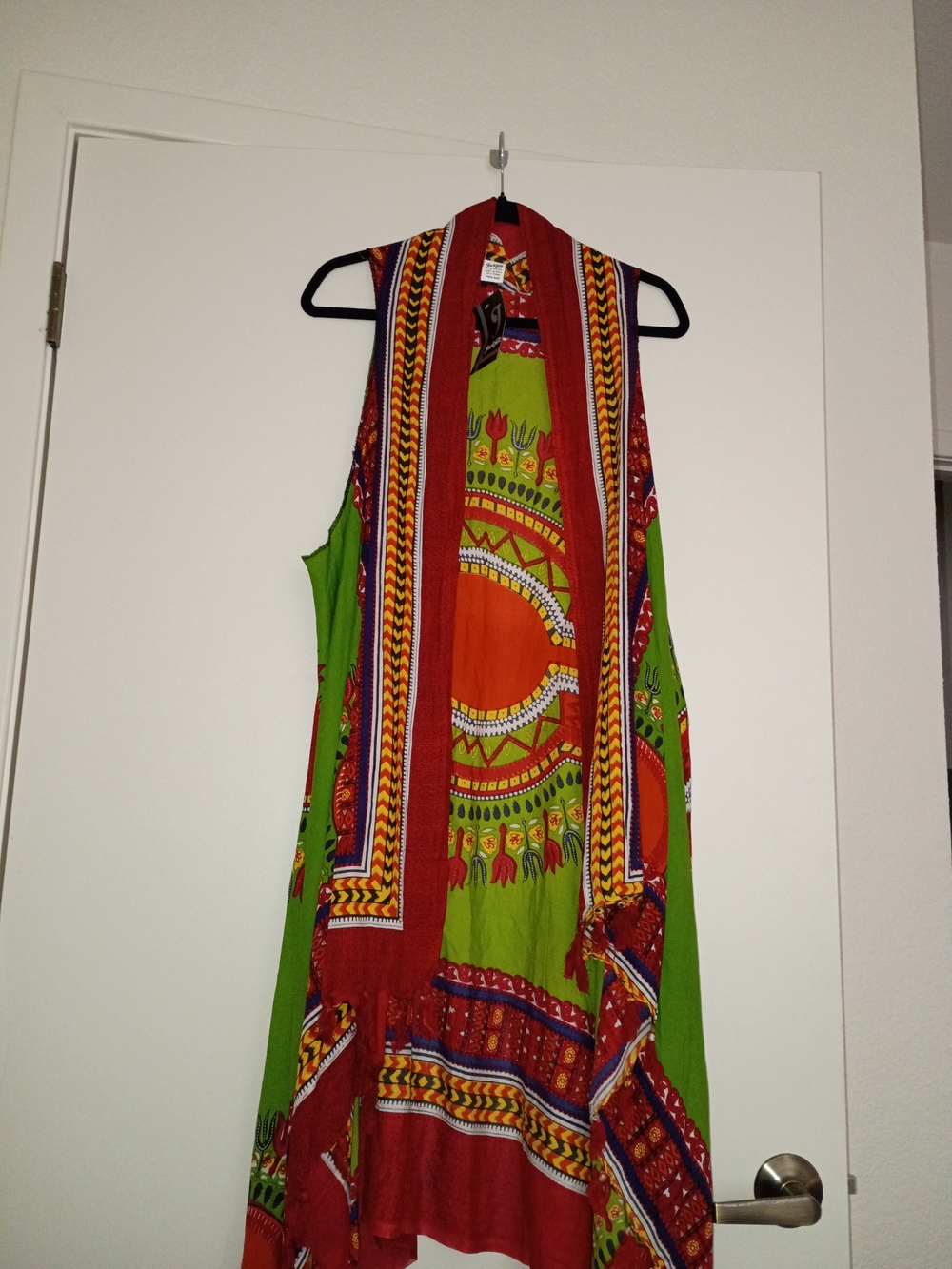 Vibrant Green and Dark Orange Ethnic Print Sleeveless Open Front Cover Up
